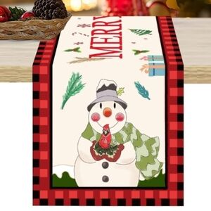 Buffalo Plaid Trimmed Snowman  Cardinal Merry Christmas Table Runner 108" x 13"